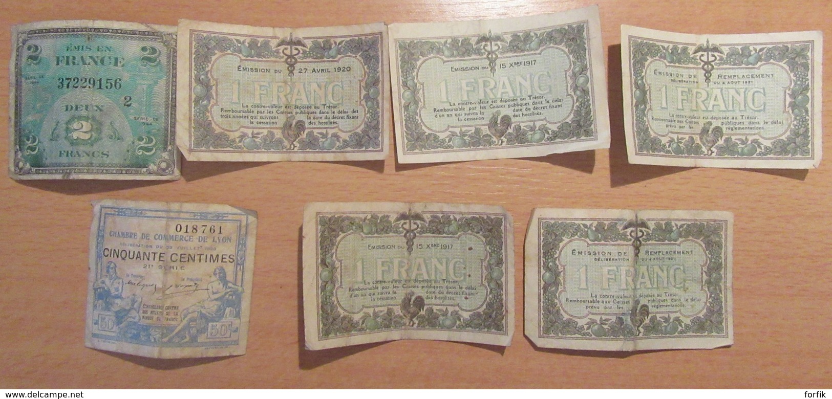 France - 6 Billets Chambres De Commerce Mâcon, Bourg Et Lyon (1917 à 1921) + Un Billet 2 Francs 1944 Drapeau Série 2 - Chambre De Commerce