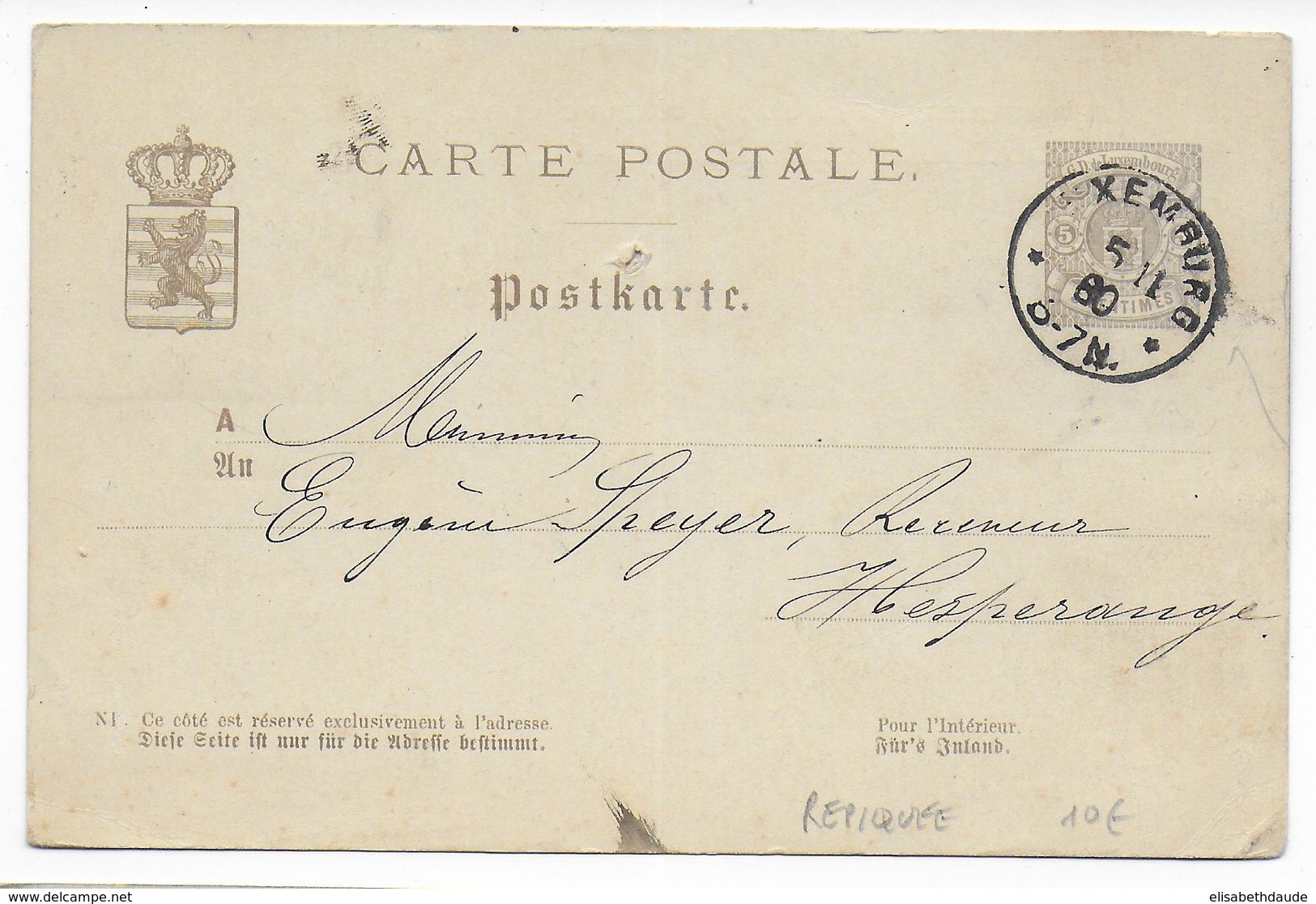 LUXEMBOURG - 1880 - CP ENTIER POSTAL Avec REPIQUAGE PRIVE De La LIBRAIRIE De V.BÜCK Au DOS ! => HESPERANGE - Stamped Stationery