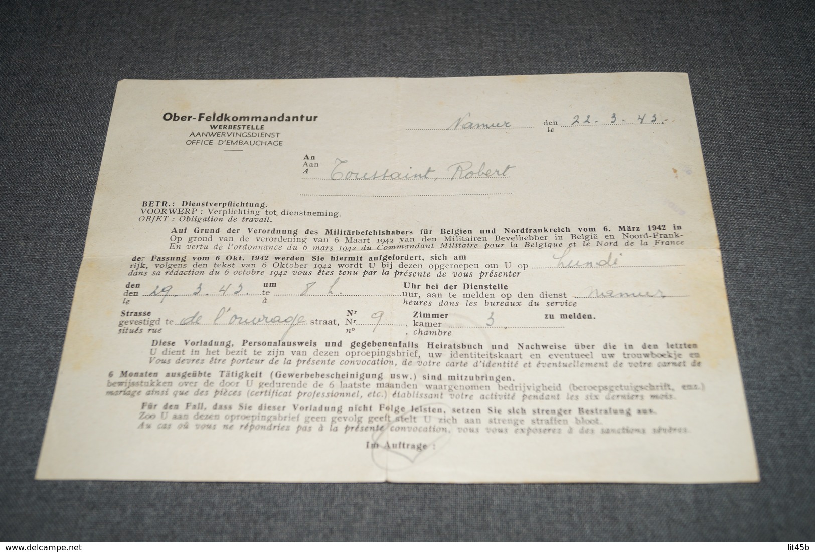 Office D'embauche,travail Obligatoire Pour Les Allemands 1943,Ober Feldkommandantur 1943,Toussaint Robert - Documents