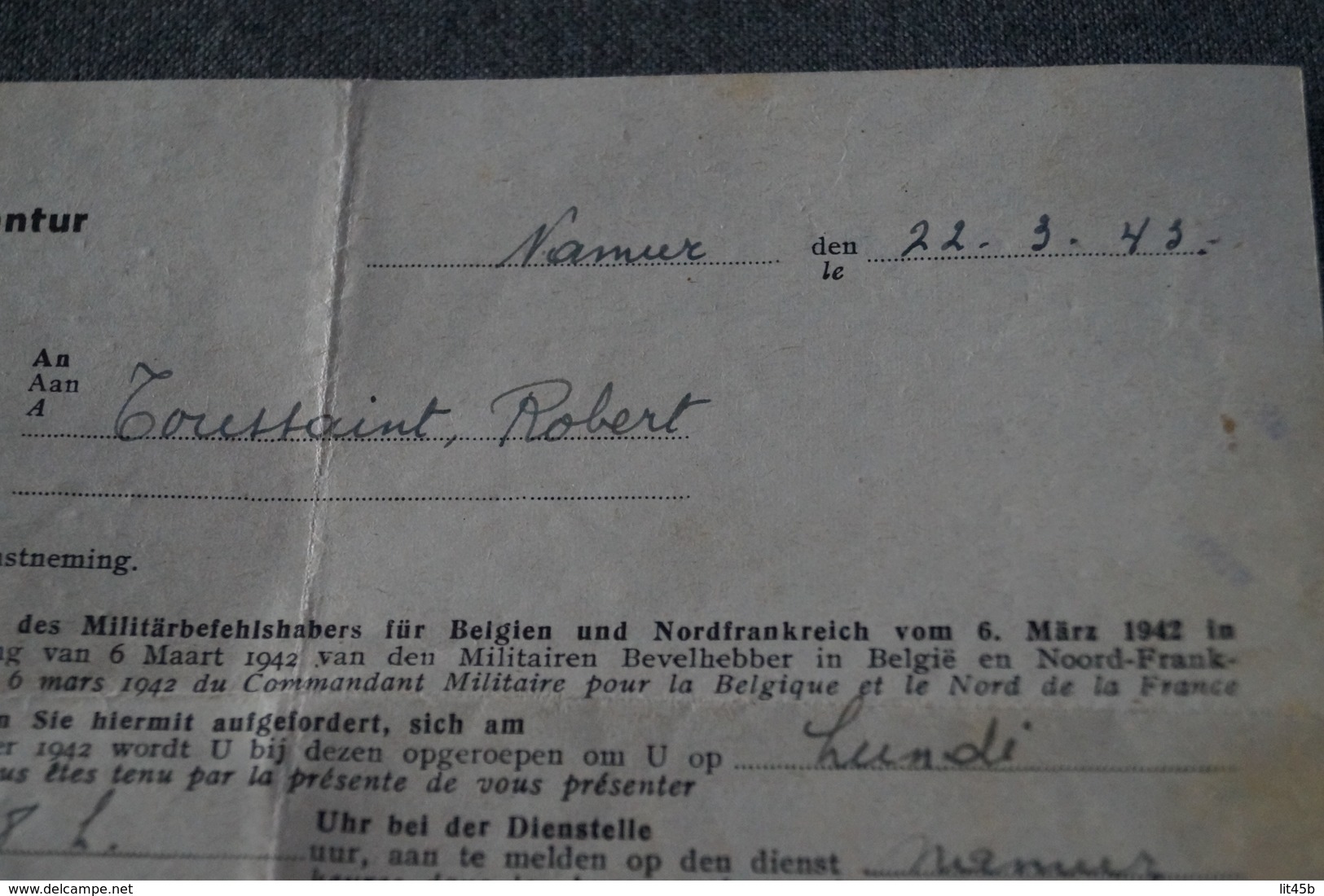 Office D'embauche,travail Obligatoire Pour Les Allemands 1943,Ober Feldkommandantur 1943,Toussaint Robert - Documents