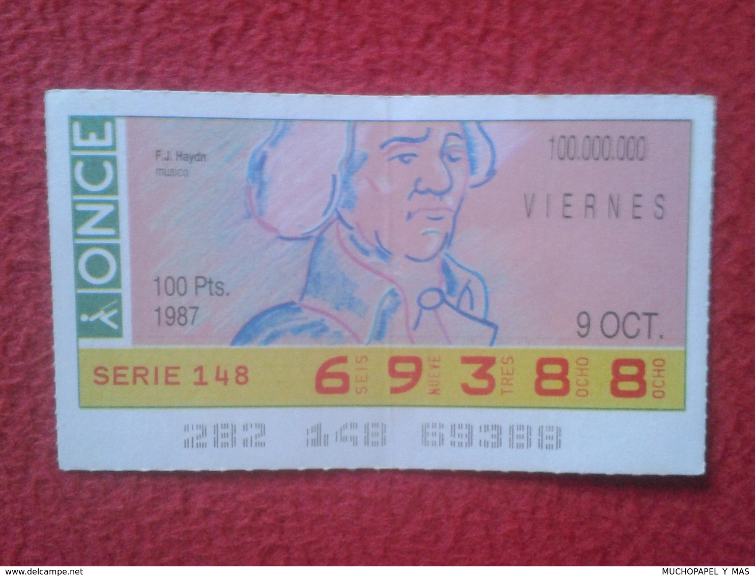 CUPÓN DE ONCE SPANISH LOTTERY CIEGOS SPAIN LOTERÍA BLIND ESPAGNE 1987 MÚSICO MÚSICA CLÁSICA MUSIC JOSEPH HAYDN VER FOTO - Billets De Loterie