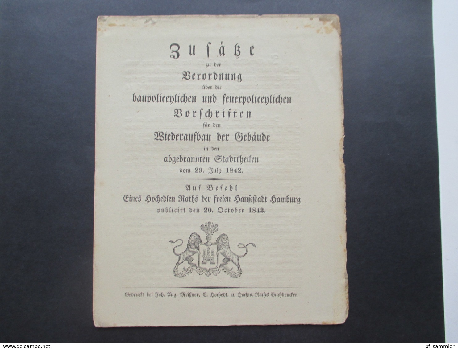 Original Dokument Zusätze Zur Verordnung Zum Wiederaufbau Gebäude In Den Abgebrannten Stadtteilen Hamburger Brand 1842 - Decreti & Leggi