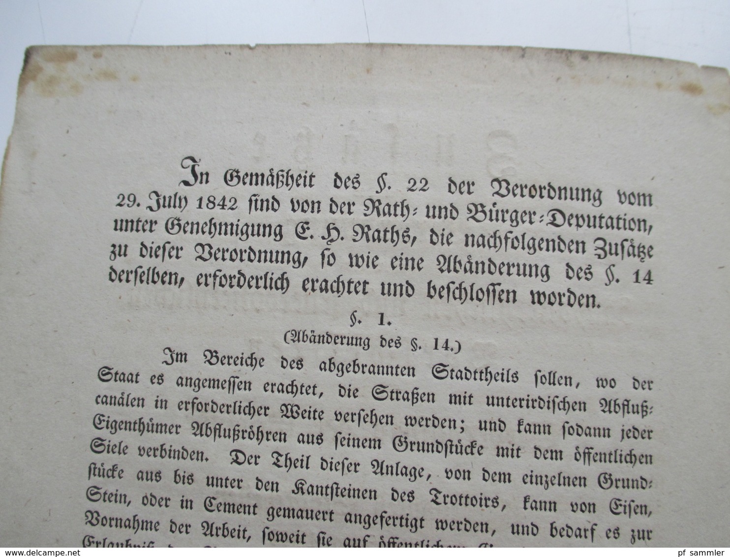 Original Dokument Zusätze Zur Verordnung Zum Wiederaufbau Gebäude In Den Abgebrannten Stadtteilen Hamburger Brand 1842 - Wetten & Decreten