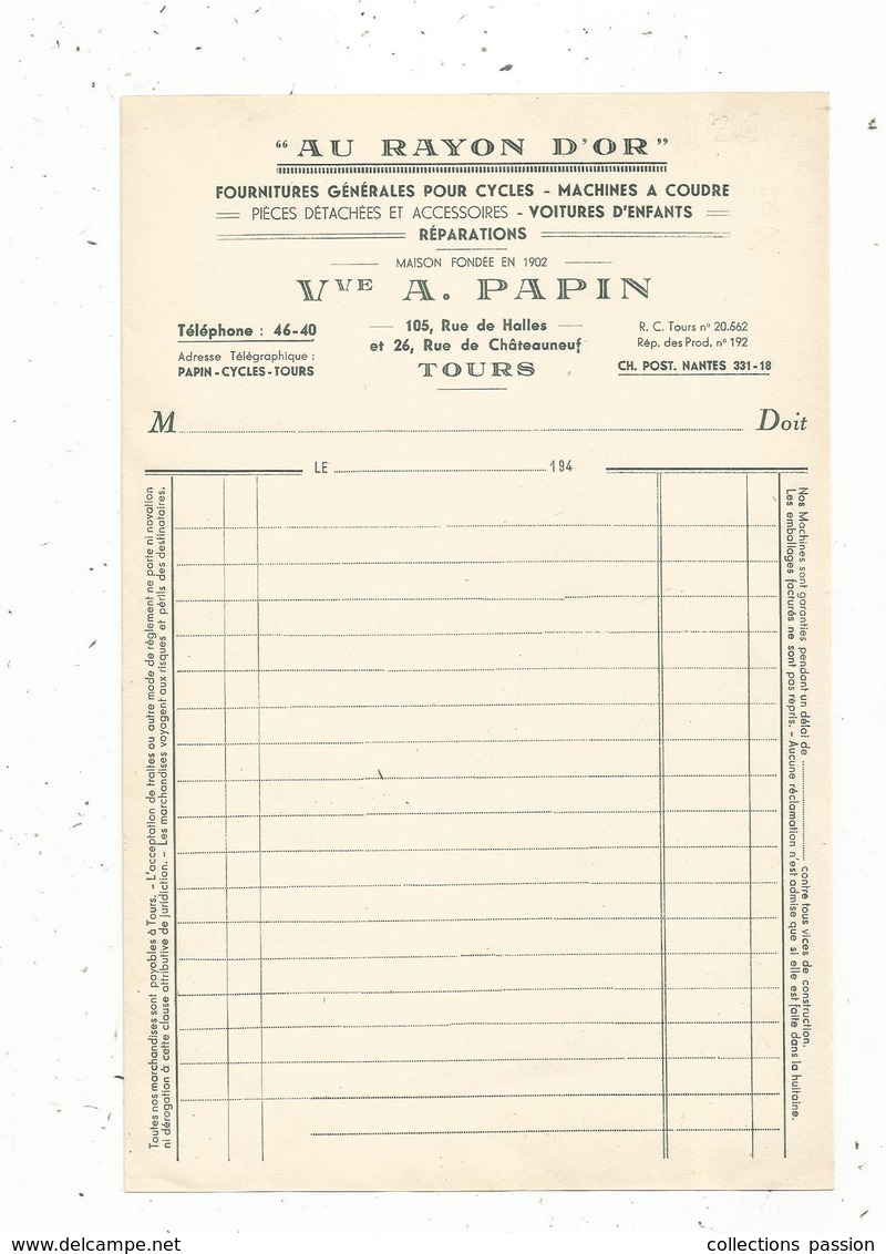 Facture , Année 40 , AU RAYON D'OR ,Vve A. Papin,TOURS , Frais Fr : 1.45 E - 1900 – 1949