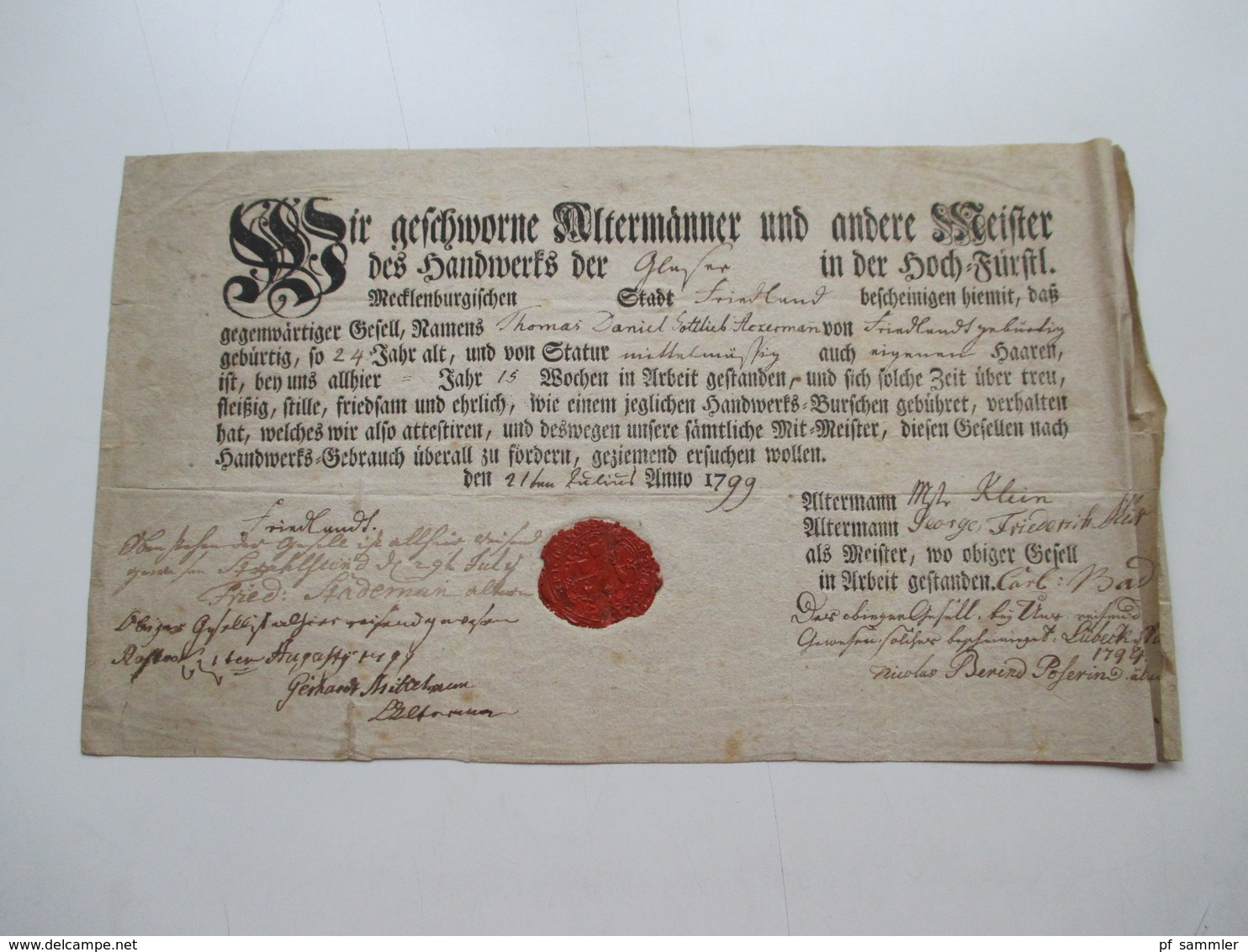 Original Dokument Gesellenbrief Aus Dem Jahre 1799 Von Altermännern Und Meistern Beglaubigt! Mecklenburgische Stadt - Documentos Históricos