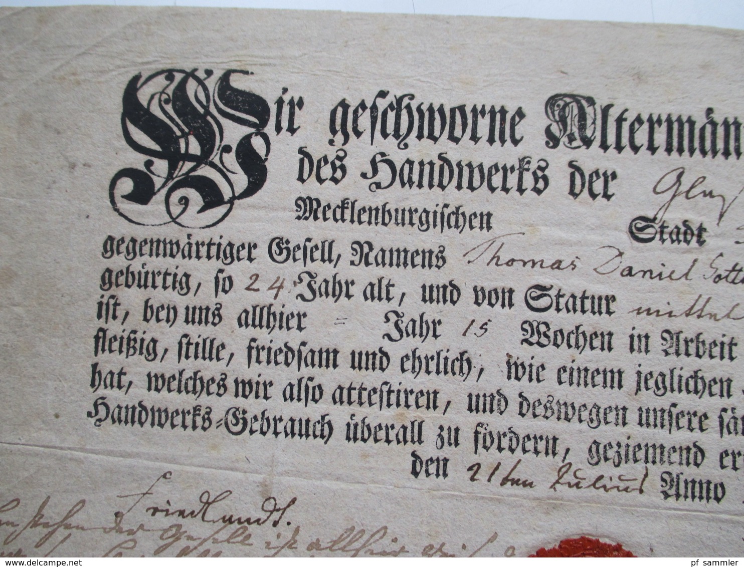 Original Dokument Gesellenbrief Aus Dem Jahre 1799 Von Altermännern Und Meistern Beglaubigt! Mecklenburgische Stadt - Historische Dokumente