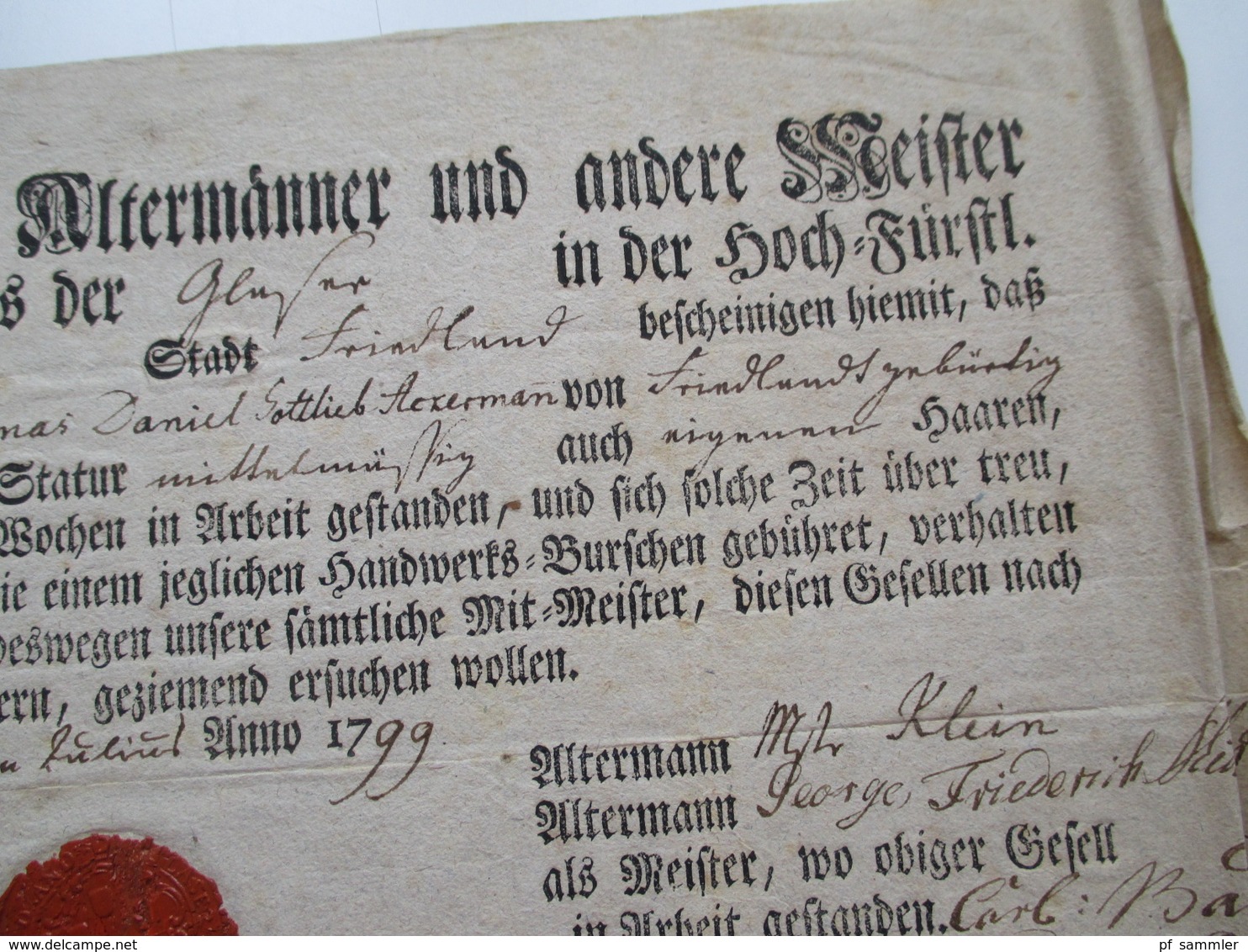 Original Dokument Gesellenbrief Aus Dem Jahre 1799 Von Altermännern Und Meistern Beglaubigt! Mecklenburgische Stadt - Documentos Históricos