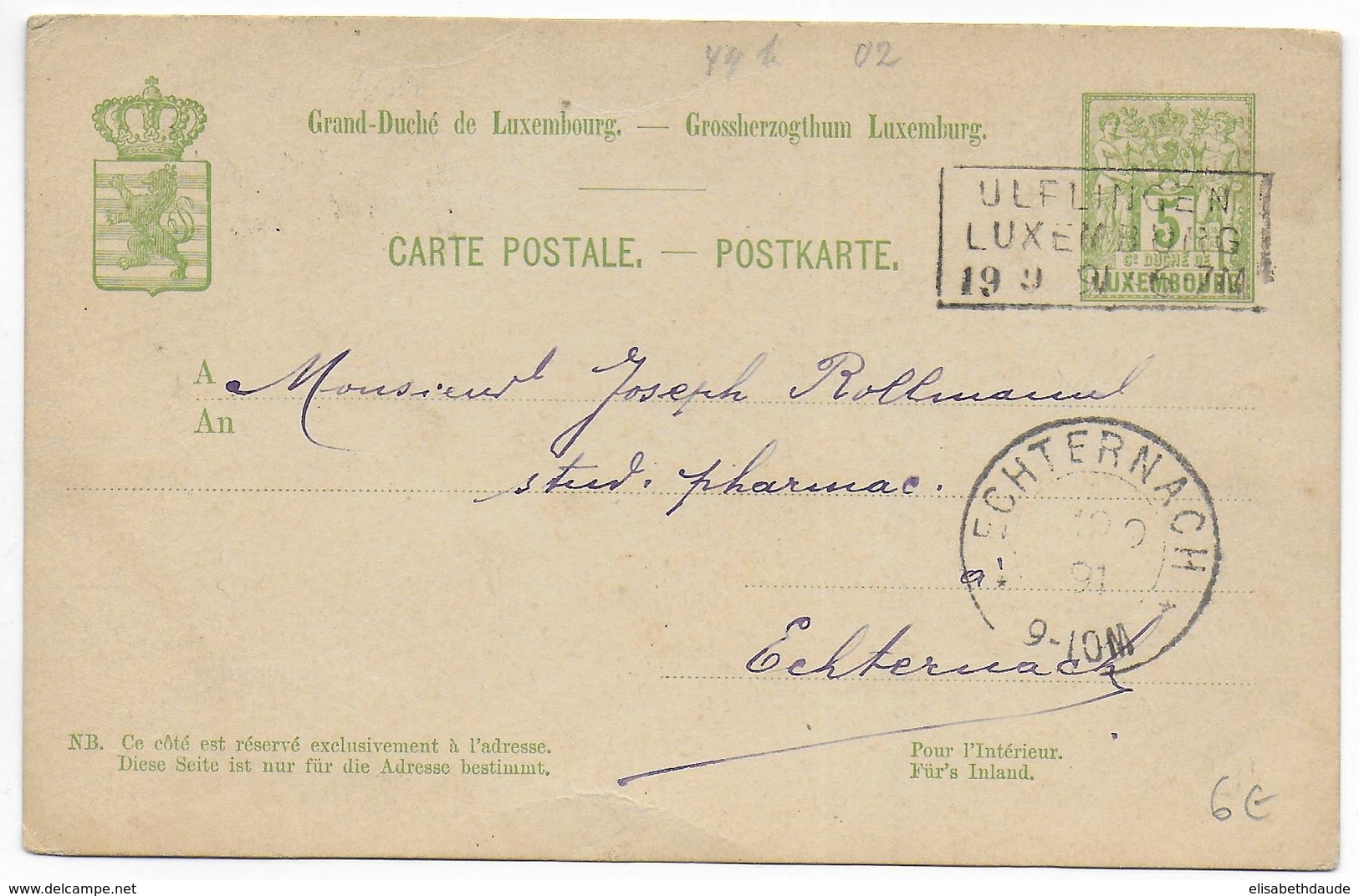 LUXEMBOURG - 1891 - CP ENTIER Avec CACHET AMBULANT ULFLINGEN à LUXEMBOURG => ECHTERNACH - Entiers Postaux
