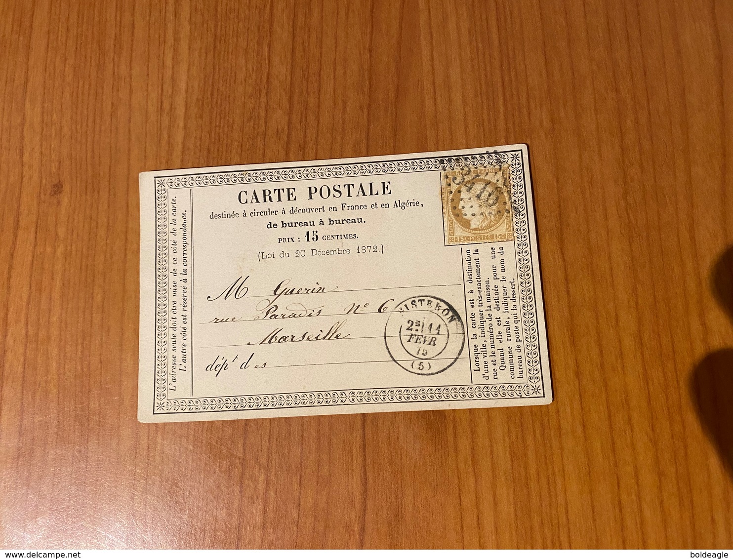 Carte Précurseur Du 11 Fevrier 1875  -  DE SISTERON GC 3416 POUR Marseille  ( Port Offert ) - 1849-1876: Période Classique