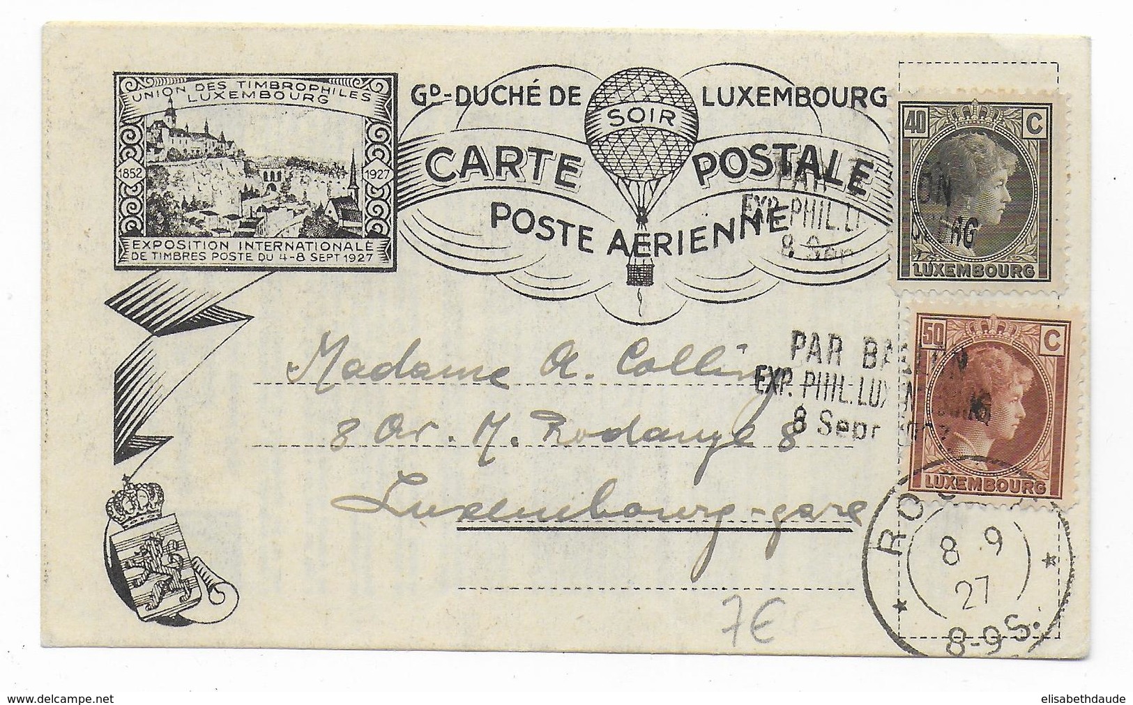 LUXEMBOURG - 1927 - CARTE POSTALE Par BALLON ! EXPO PHILATELIQUE INTERNATIONALE - Commemoration Cards