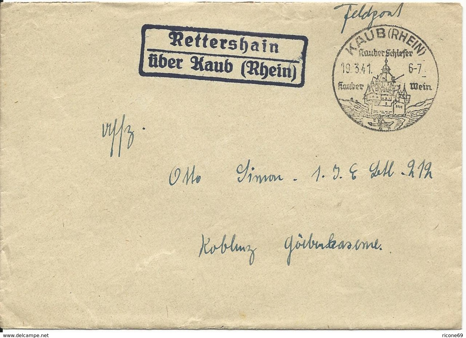 DR 1941, Landpost Stpl. Rettershain über Kaub (Rhein) Auf Feldpost Brief - Wein & Alkohol