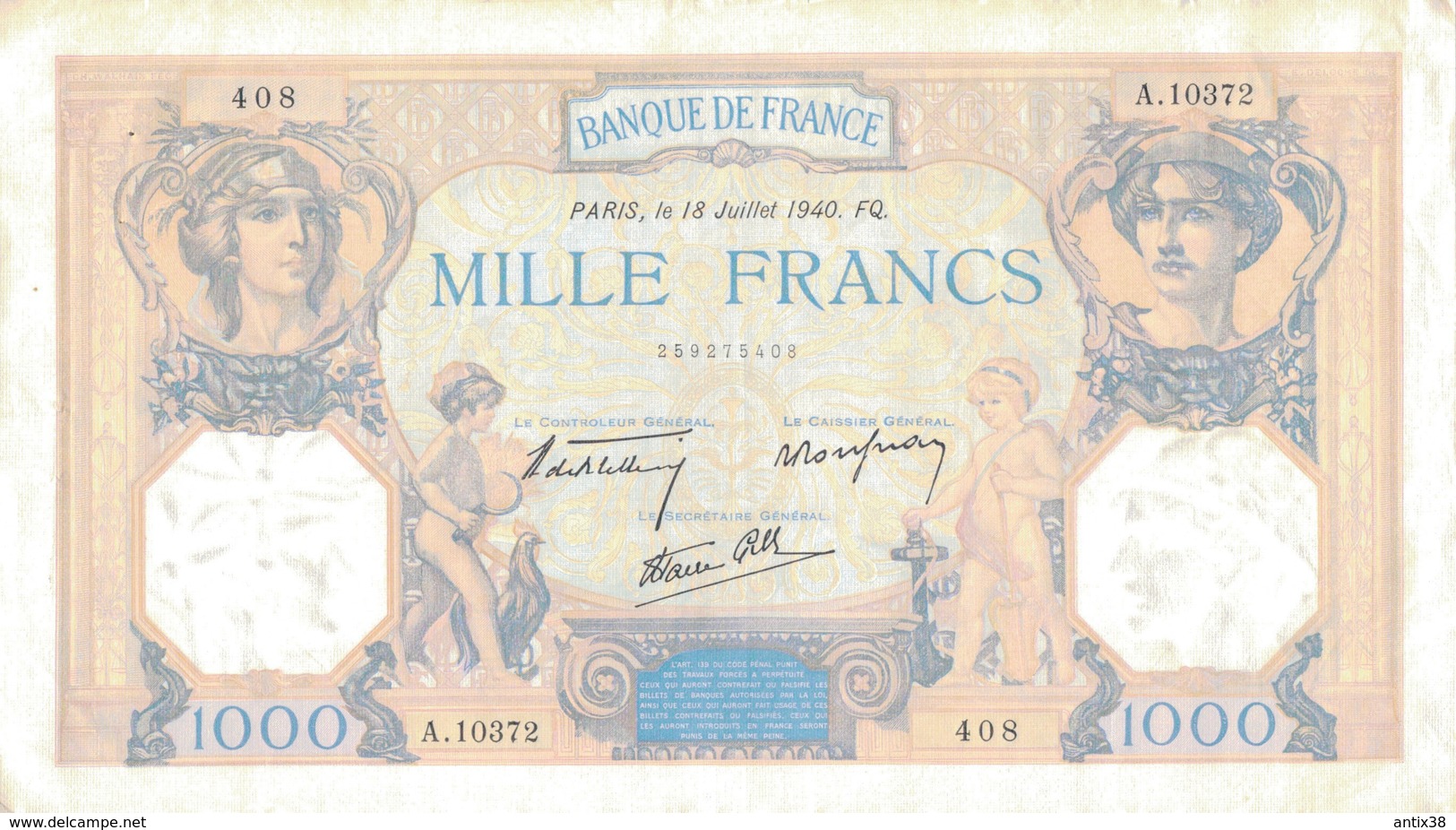 J26 - Billet 1000 Francs - Type Ceres Et Mercure - 1940 - 1 000 F 1927-1940 ''Cérès Et Mercure''