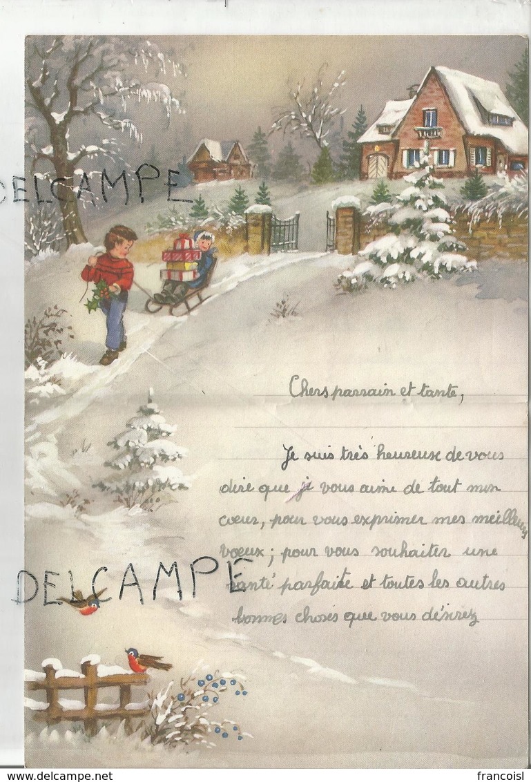 Enfants, Maison, Traîneau Dans La Neige. Lettre De Vœux. Signée Jacqueline à Saint-Hubert 1960 - Manuscrits