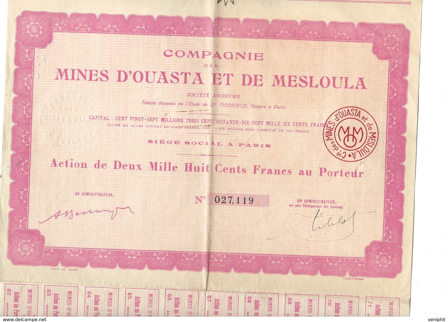 COMPAGNIE MINES D'OUASTA ET DE MESLOULA -ALGERIE -ACTION 2800 FRS -MINES DE PLOMB-ZING -CUIVRE - - Miniere