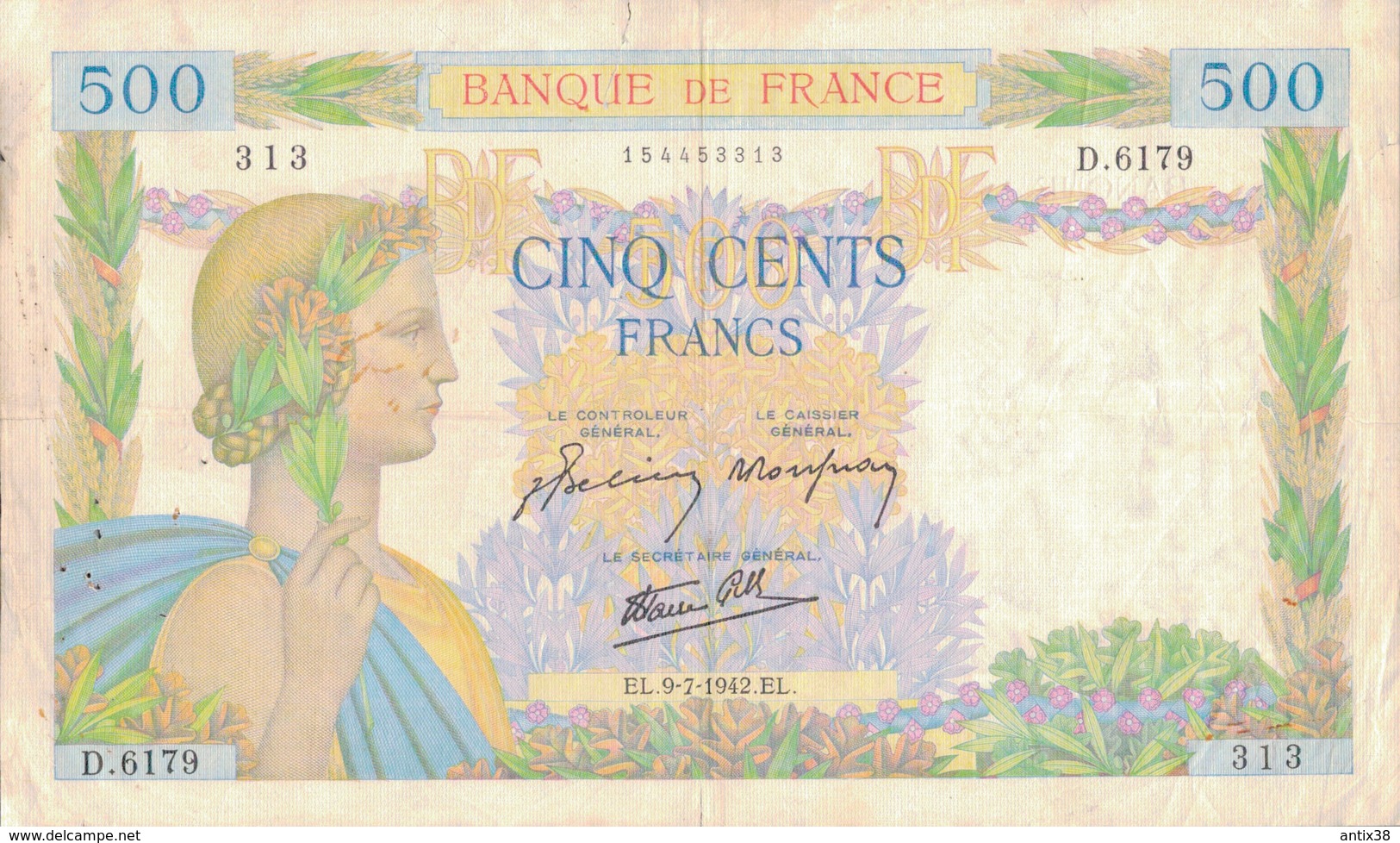J26 - Billet 500 Francs - Type La Paix - 1942 - 500 F 1940-1944 ''La Paix''