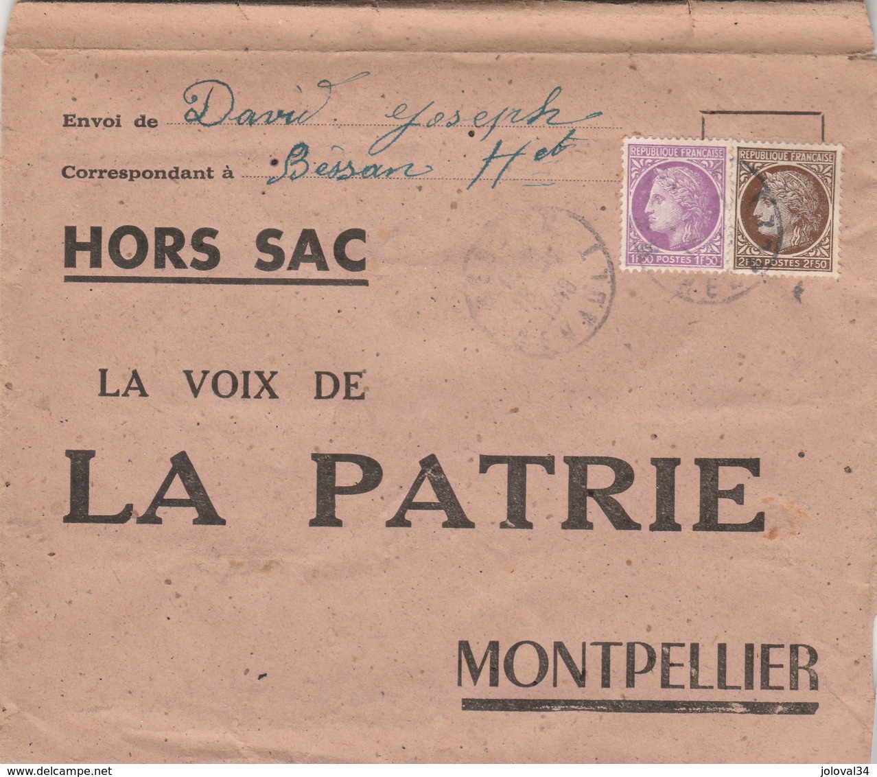 Enveloppe HORS SAC Yvert 679 + 681 Cérès Mazelin  BESSAN Hérault 1948 La Voix De La PATRIE Montpellier - Lettres & Documents