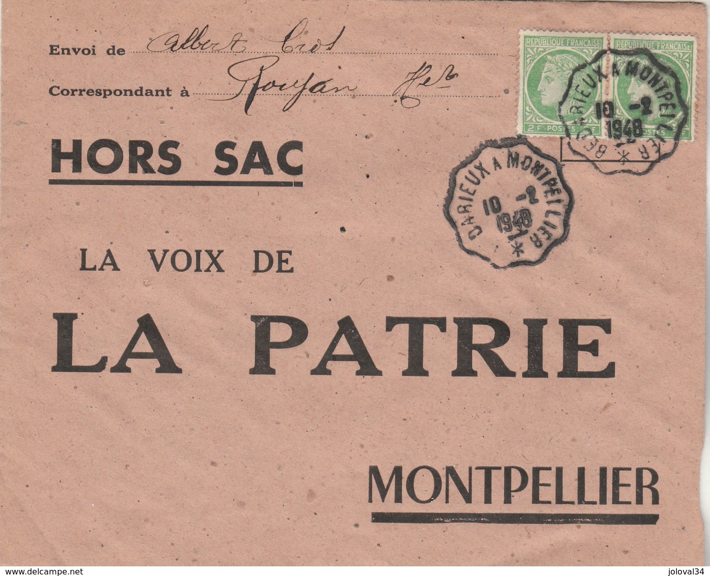 Enveloppe HORS SAC Yvert 680 X 2 Paire Mazelin ROUJAN Hérault Cachet Ambulant Bédarieux La Voix De La PATRIE Montpellier - Lettres & Documents