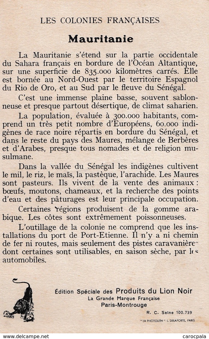 Carte Vers 1920 Les Colonies Françaises : LA MAURITANIE (publicité Lion Noir) - Mauritanie