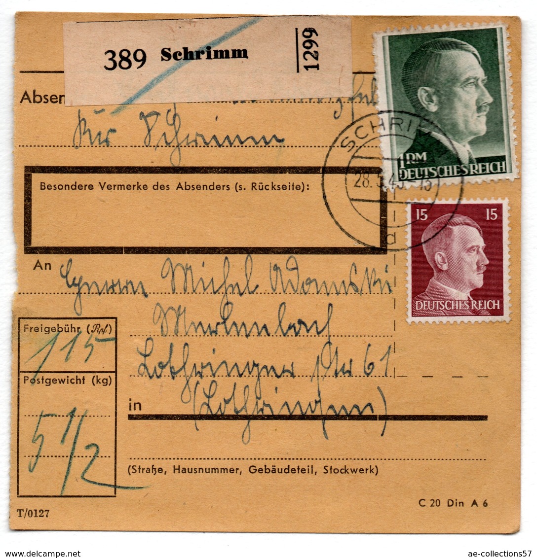 Colis Postal  /  Départ Schrimm / 28-5-43 - Briefe U. Dokumente