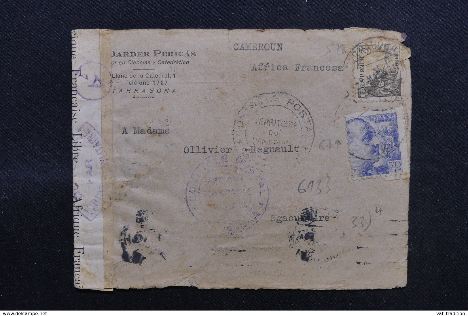 ESPAGNE - Enveloppe Commerciale De Tarragona Pour Le Cameroun Français En 1943 Avec Contrôles Postaux - L 51710 - Nationalistische Censuur