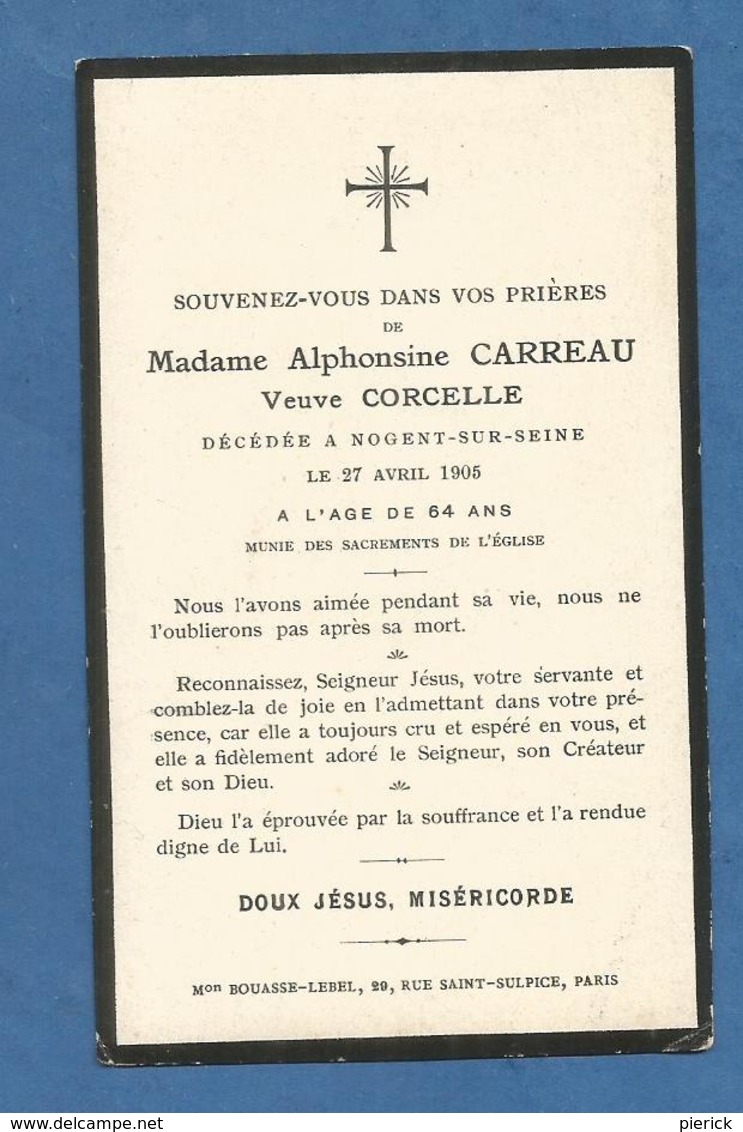 IMAGE GENEALOGIE FAIRE PART AVIS DECES CARREAU CORCELLE 1905  NOGENT SUR SEINE - Décès