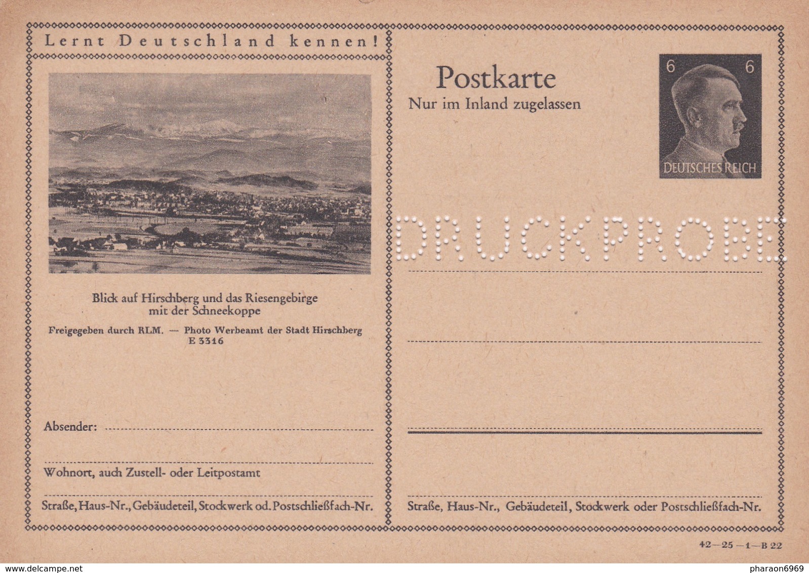 Carte Entier Postal Ganzsache Postkarte Druckprobe Blick Auf Hirschberg Und Das Riesengebirge Mit Der Schneekoppe - Autres & Non Classés