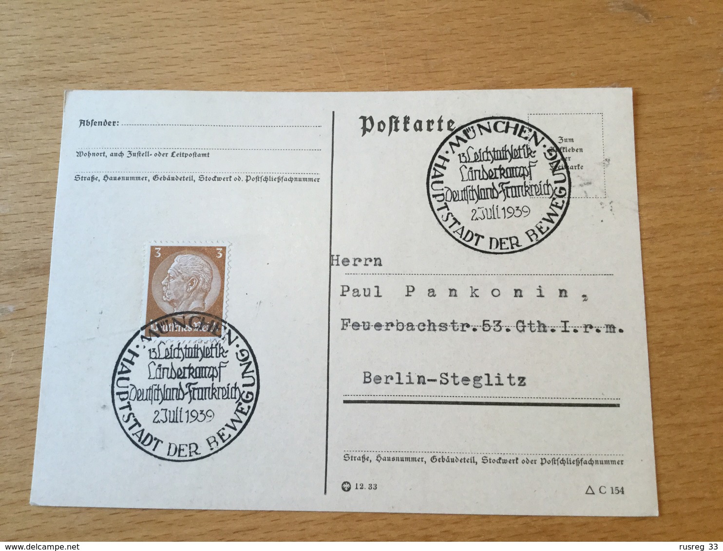 K8 Deutsches Reich 1939 Karte Mit Sst. München Leichtathletik Deutschland - Frankreich - Storia Postale
