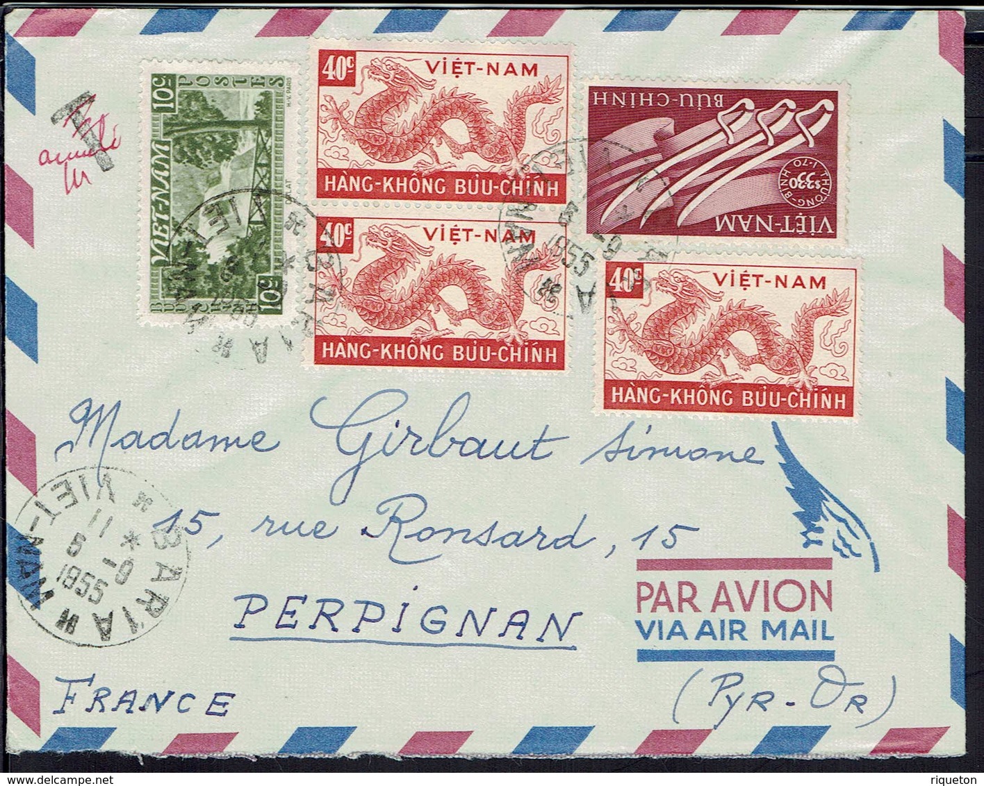 Vietnam - 1955 - Joli Affranchissement Sur Enveloppe De Baria Pour Perpignan (Fr)  T. Taxe Annulée - TB - - Vietnam