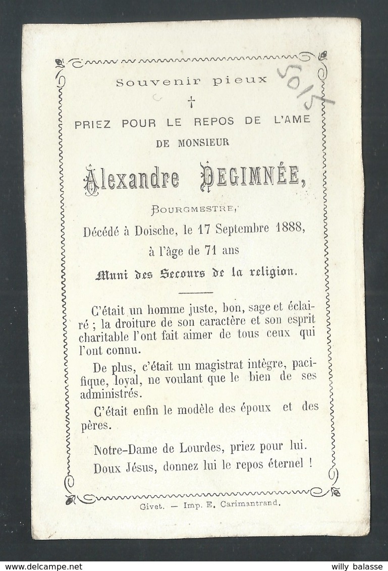 +++ Image Mortuaire - Décès - Alexandre DEGIMNEE - Bourgmestre - Décédé à DOISCHE 1888  // - Décès