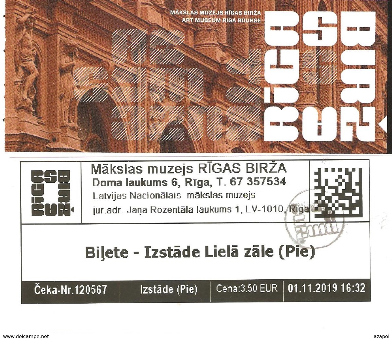 Admission Ticket: Latvia, 1 Ticket For Art Museum "Rigas Birza", Riga, 01.11.2019 - Tickets D'entrée