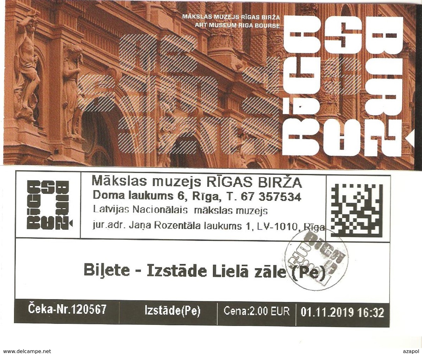 Admission Ticket: Latvia, 1 Ticket For Seniors For Art Museum "Rigas Birza", Riga, 01.11.2019 - Tickets D'entrée