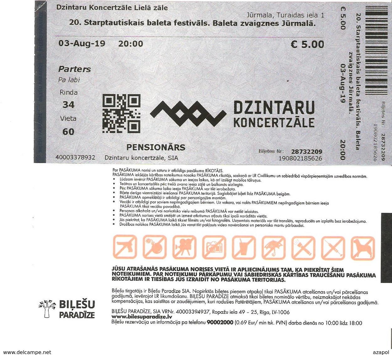 Admission Ticket: Latvia, 1 Ticket For Seniors For Balet Festival, Jurmala, 03.08.2019 - Tickets D'entrée