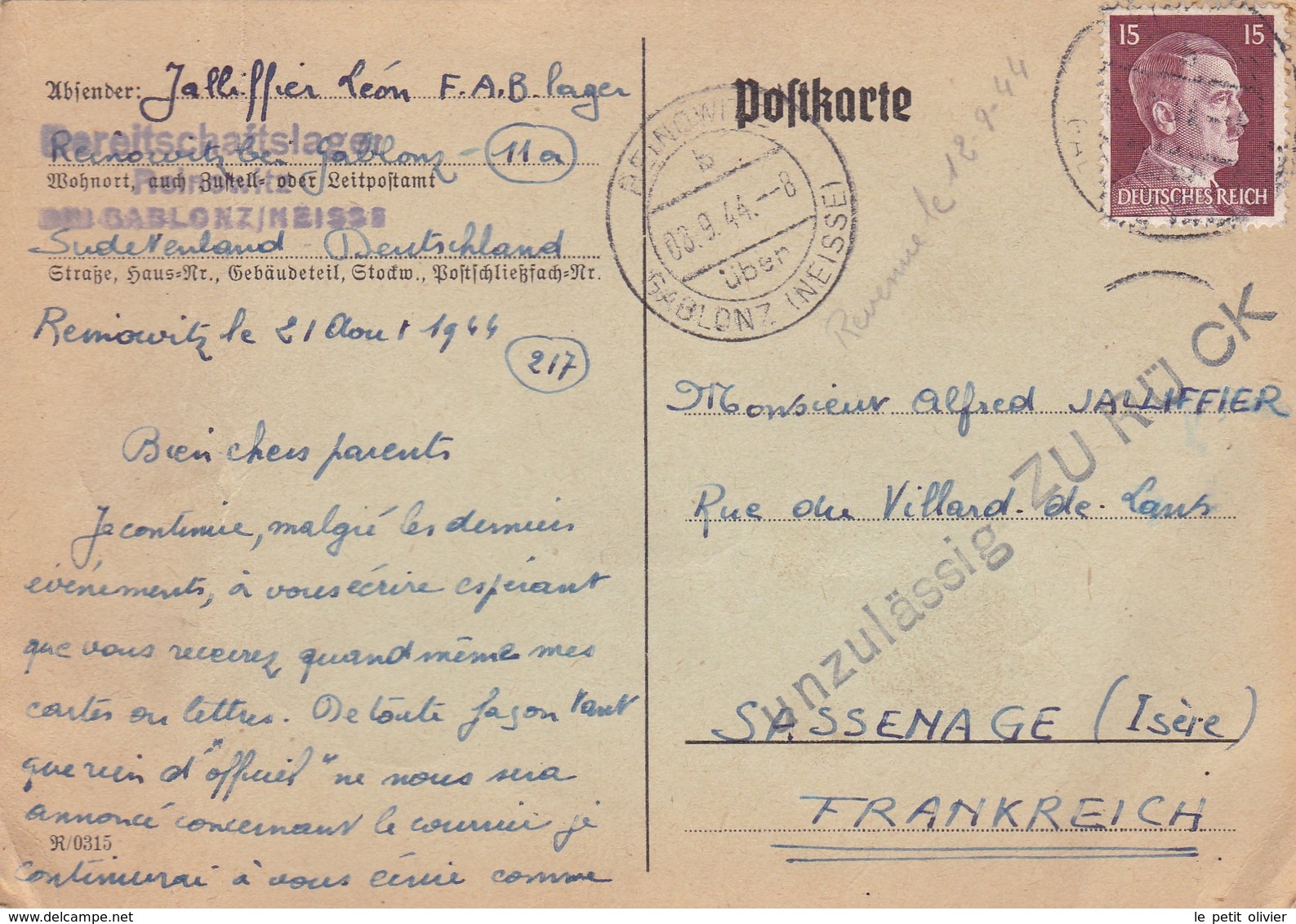 ALLEMAGNE 1944 LETTRE AVEC TIMBRE SÉRIE ADOLF HITLER / POSTKARTE VERS SASSENAGE - Guerre De 1939-45