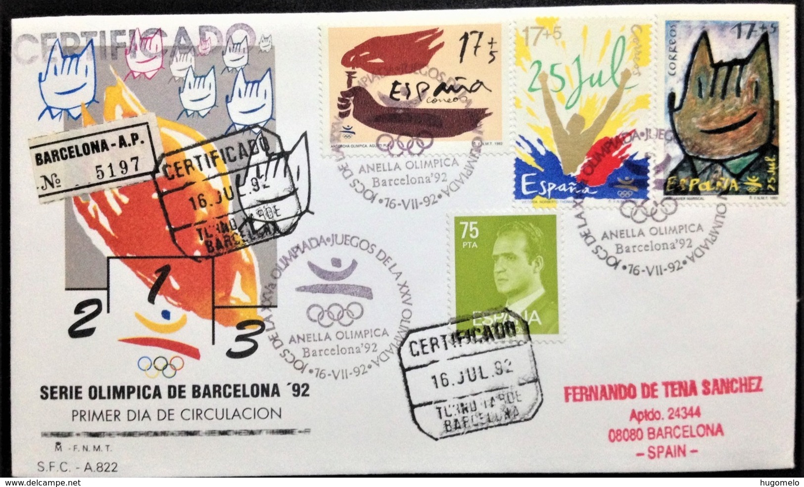 Spain, Registered Circulated FDC, "Barcelona '92 Olympic Issues", "Olympic Torch", 1992 - FDC