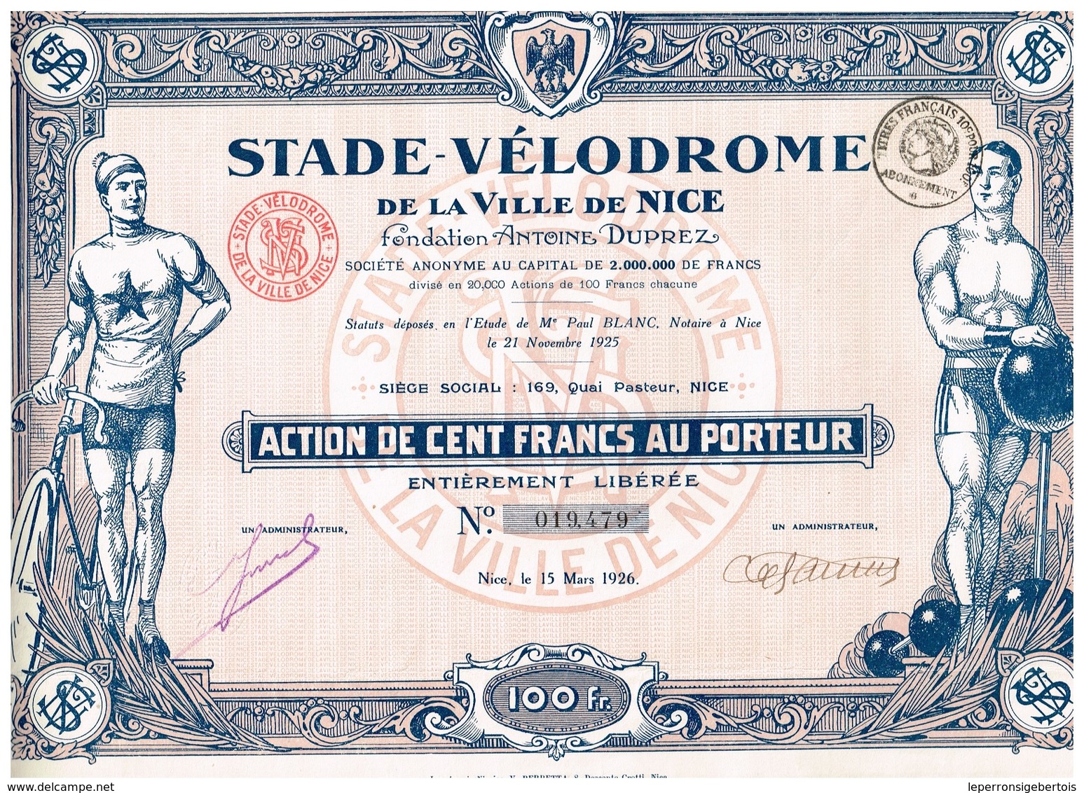 Titre Ancien - Stade-Vélodrome De La Ville De Nice- Fondation Antoine Dupriez - Titre De 1926 - Déco - Sports