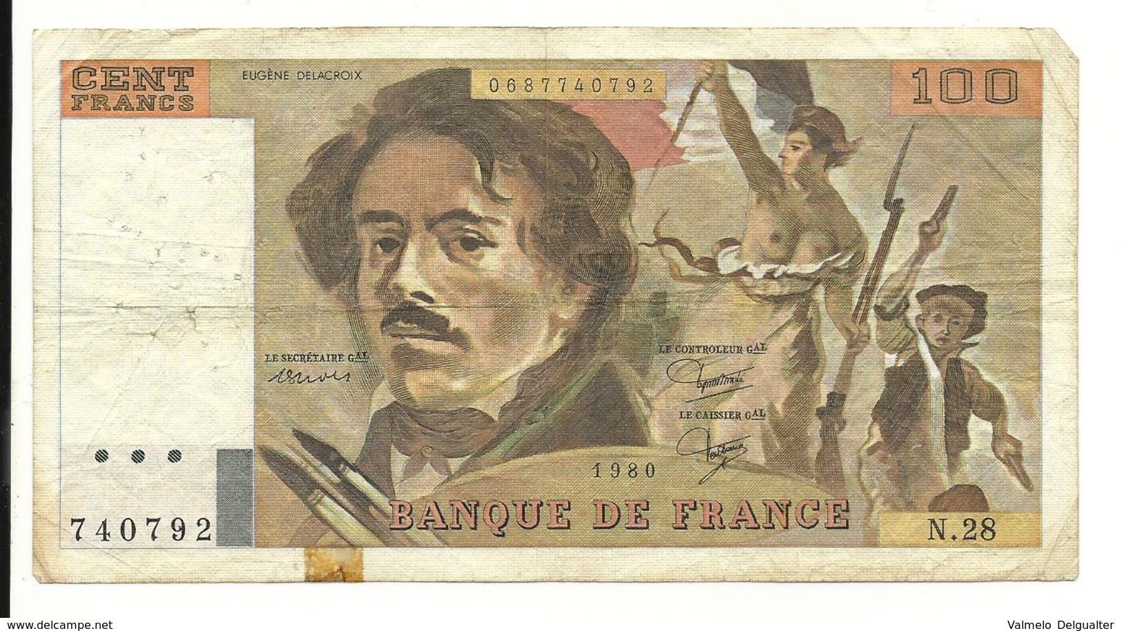 France 100 Francs 1980 Fine+ Pin Holes - 100 F 1978-1995 ''Delacroix''