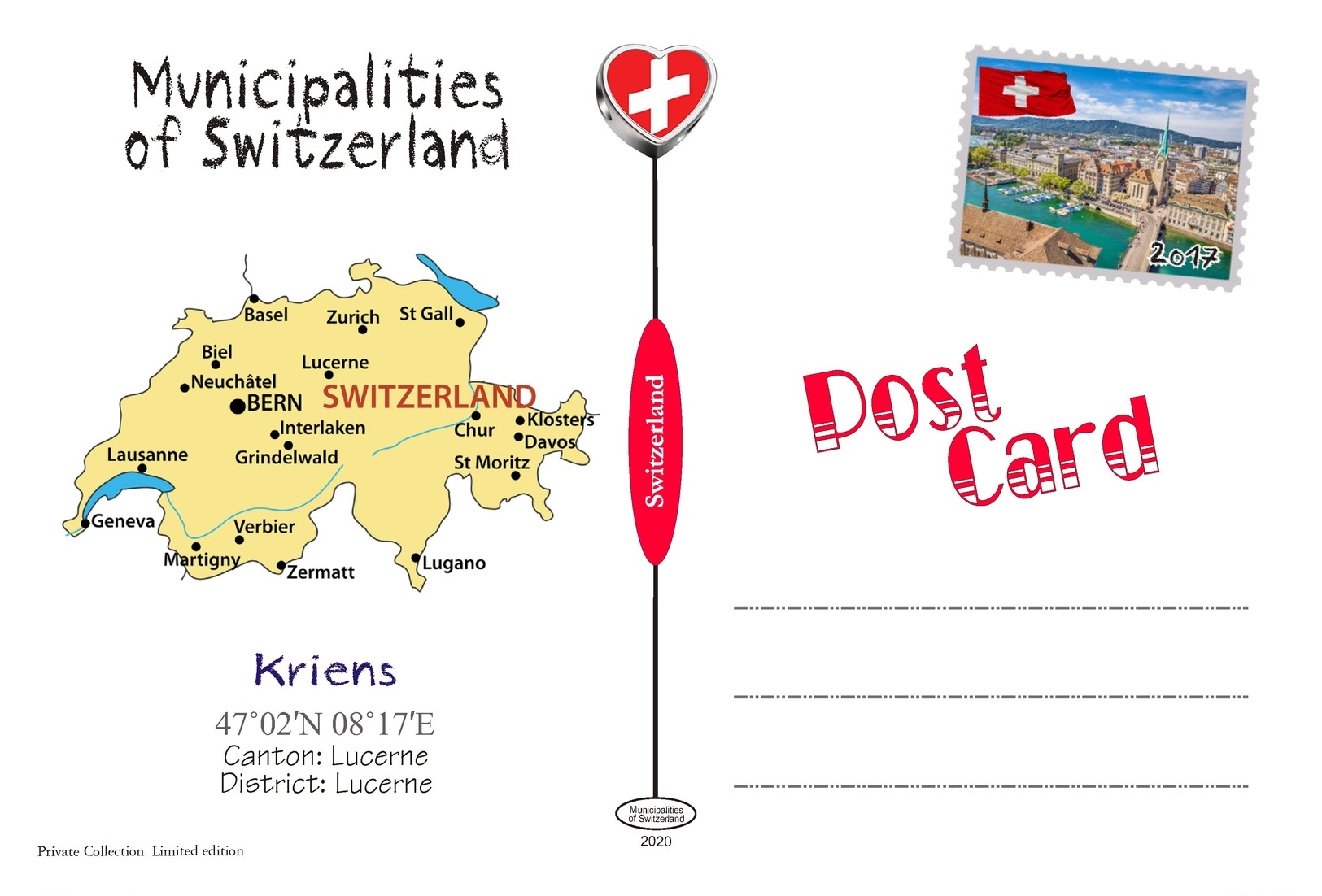 Postcard, REPRODUCTION, Municipalities Of Switzerland, Kriens - Landkarten