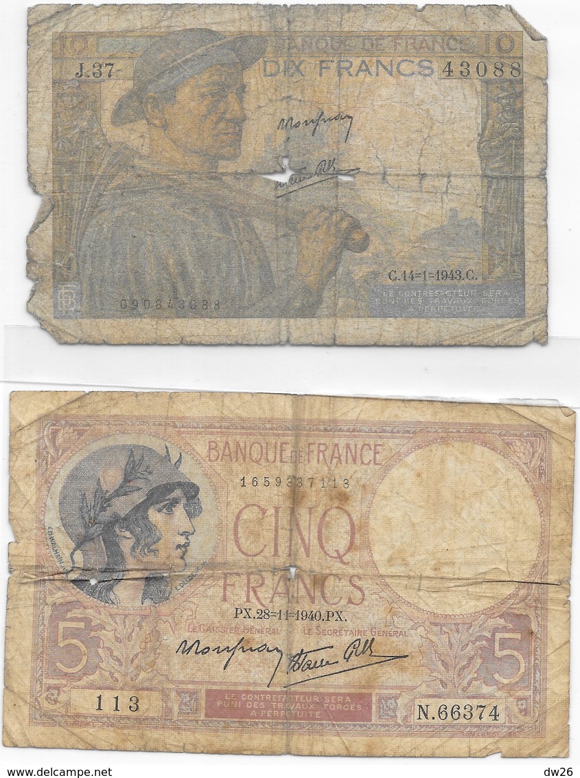 Vrac - Lot De 5 Billets Anciens France - 3 De 100 Francs, 1 De 10 Francs, 1 De 5 Francs - Vrac - Billets