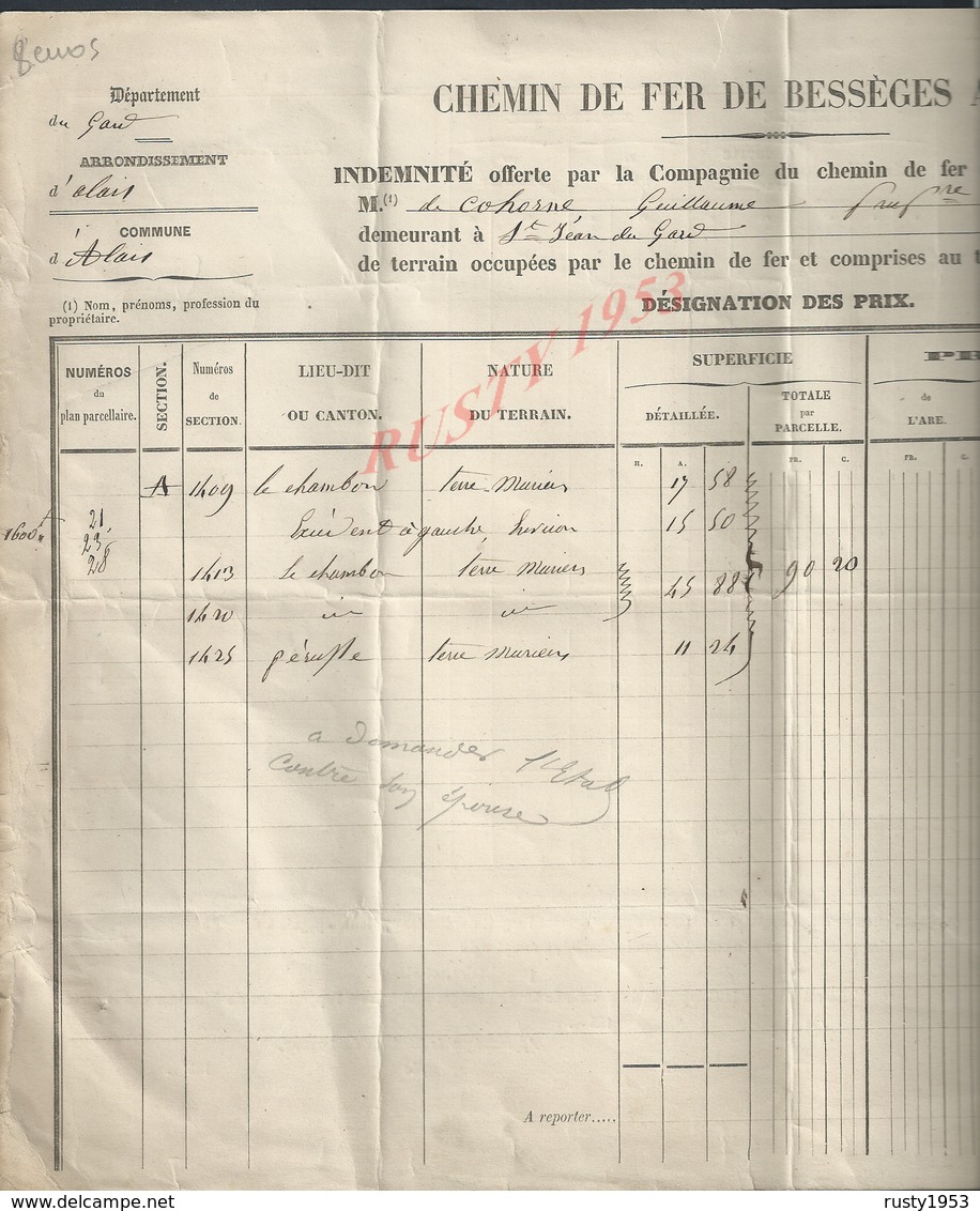 DOCUMENT DE 1855 CHEMIN DE FER  D ALAIS INDEMINITÉ DE COHORNE GUIAUME DEMEURANT A SAINT JEAN DU GARD - Chemin De Fer