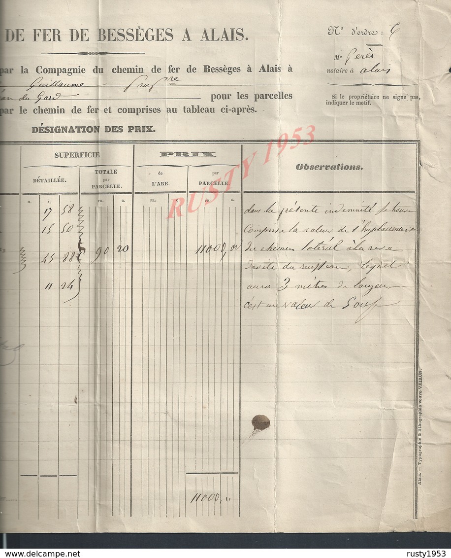 DOCUMENT DE 1855 CHEMIN DE FER  D ALAIS INDEMINITÉ DE COHORNE GUIAUME DEMEURANT A SAINT JEAN DU GARD - Chemin De Fer