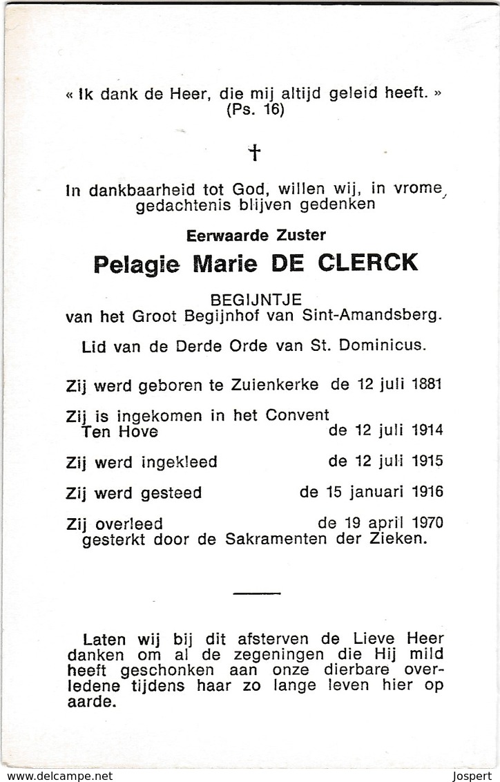 Begijn, Zuster, Pelagie De Clerck, Sint-Amandsberg, Zuienkerke - Religion & Esotérisme