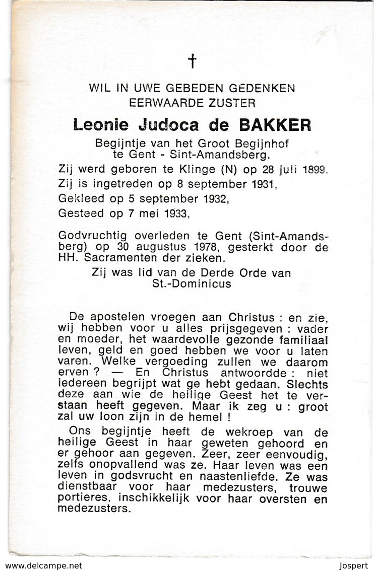 Begijn, Zuster, Leonie De Bakker,  Sint-Amandsberg, Klinge - Religion & Esotérisme