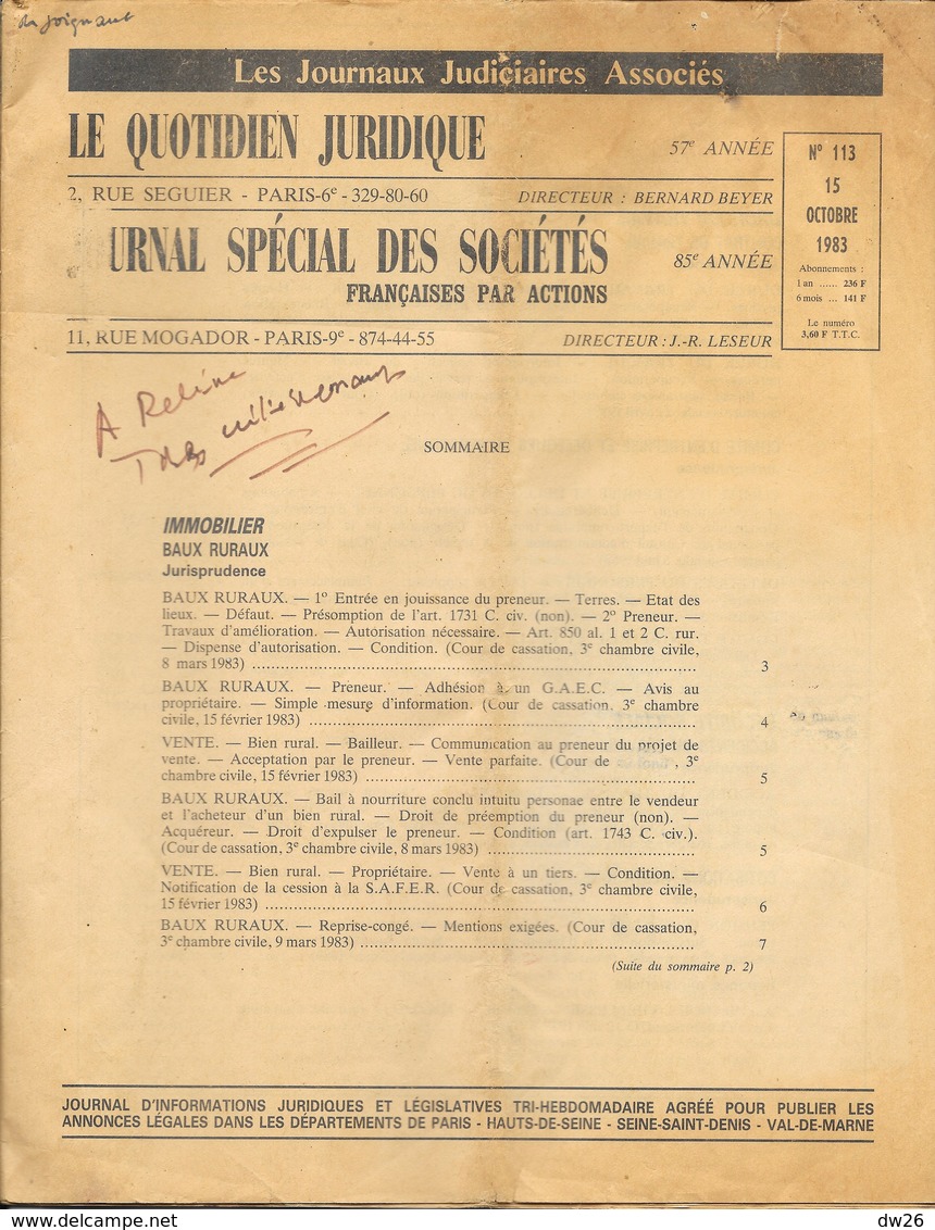 Le Quotidien Juridique - Journal Spécial Des Sociétés Françaises Par Actions - 15 Octobre 1983, N° 113 - 1950 - Heute