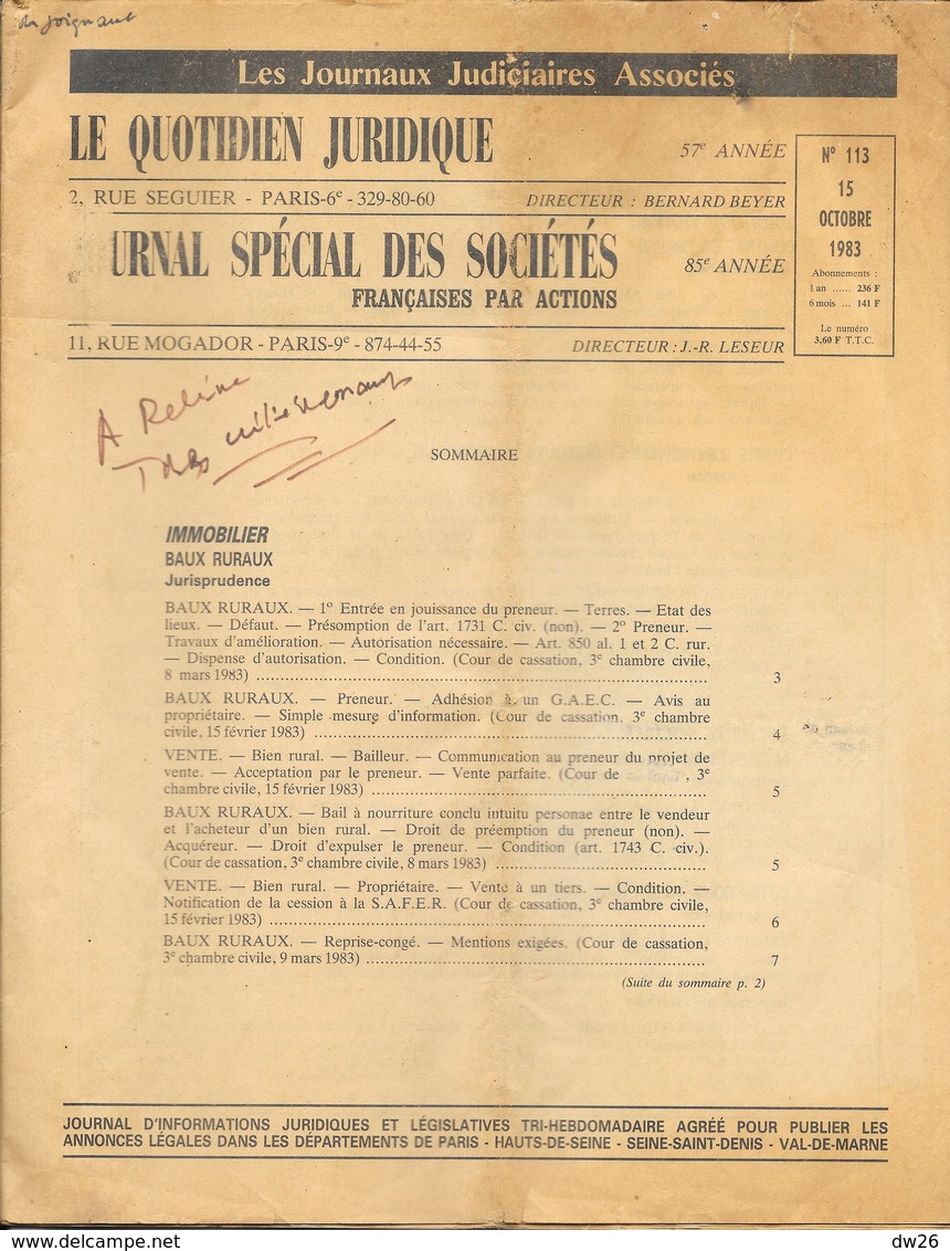Le Quotidien Juridique - Journal Spécial Des Sociétés Françaises Par Actions - 15 Octobre 1983, N° 113 - 1950 à Nos Jours