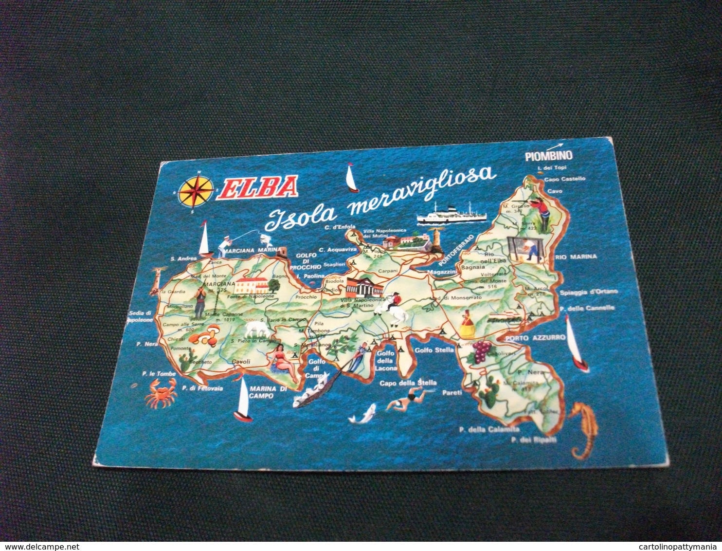 CARTA GEOGRAFICA ISOLA D'ELBA MERAVIGLIOSA NAVE SHIP FARO PESCA  FUNGHI  VINO PIN UP - Carte Geografiche