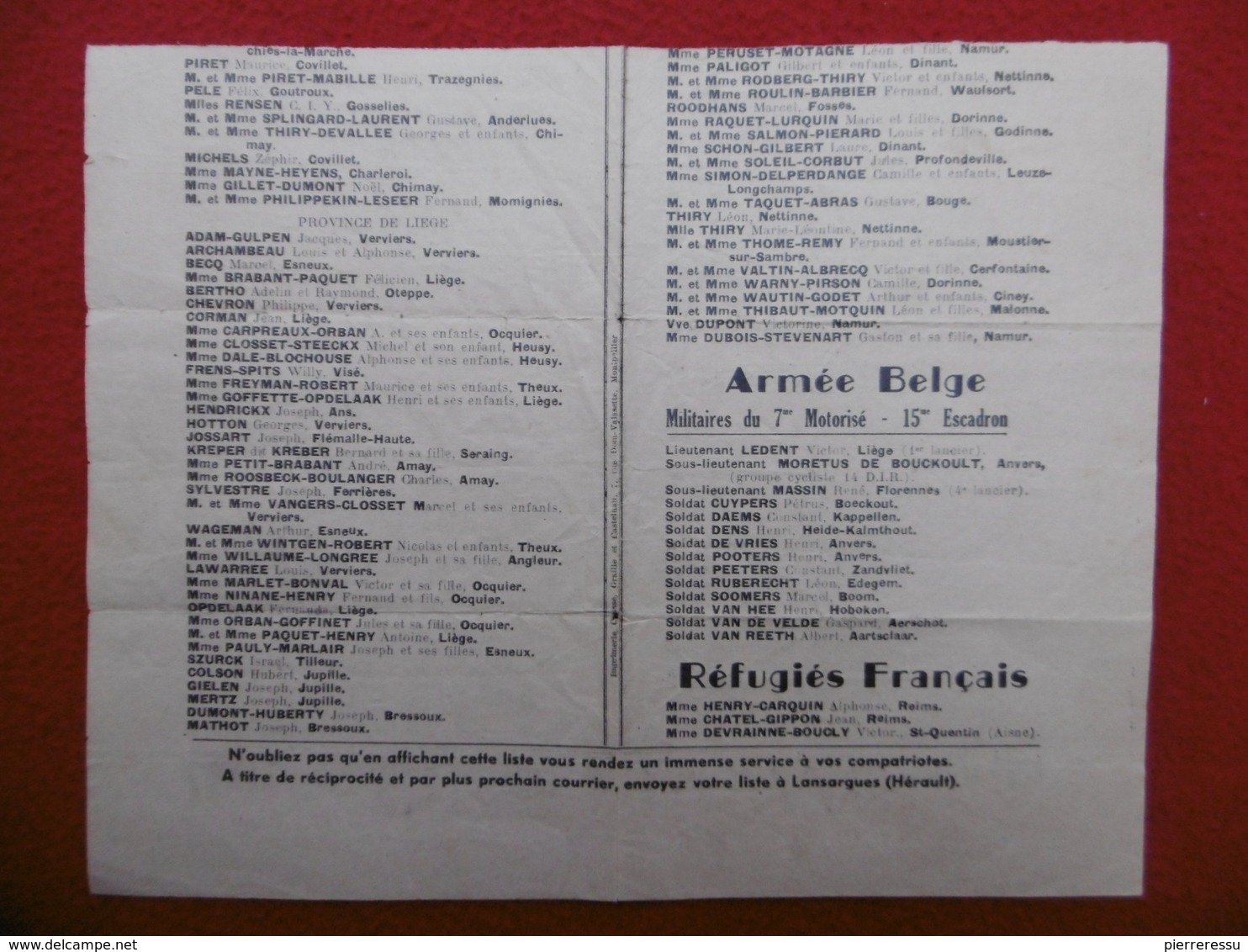 TRACT PROPAGANDE ARMÉE BELGE NOMS RÉFUGIÉS BELGE RÉFUGIÉS FRANCAIS  1940  A VOIR Etat - Documents Historiques