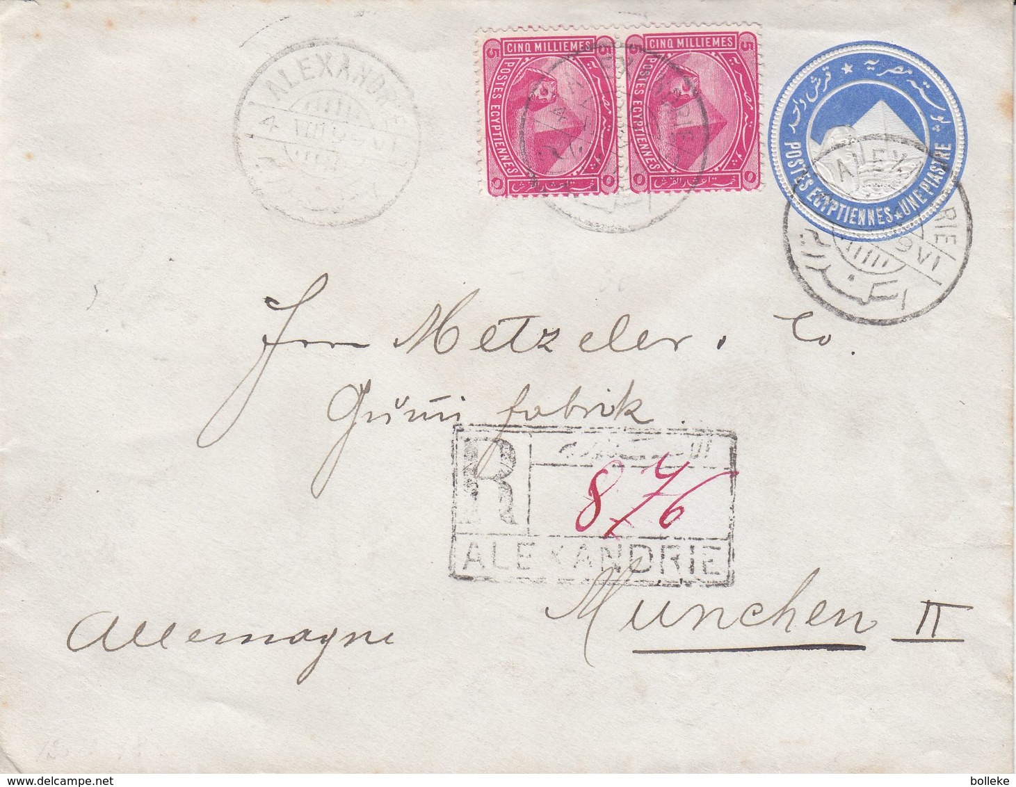 Egypte - Lettre Recom De 1899 - Entier Postal - Oblit Alexandrie - Exp Vers München - 1866-1914 Khedivate Of Egypt