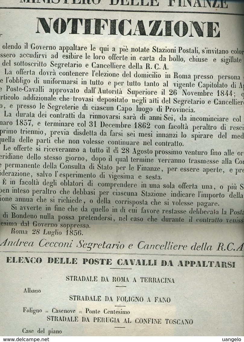 SP72 MANIFESTO 1856 NOTIFICAZIONE PER APPALTO POSTE CAVALLI  ALBANO FOLIGNO FAENZA PIANORO FERRARA BONDENO - Affiches