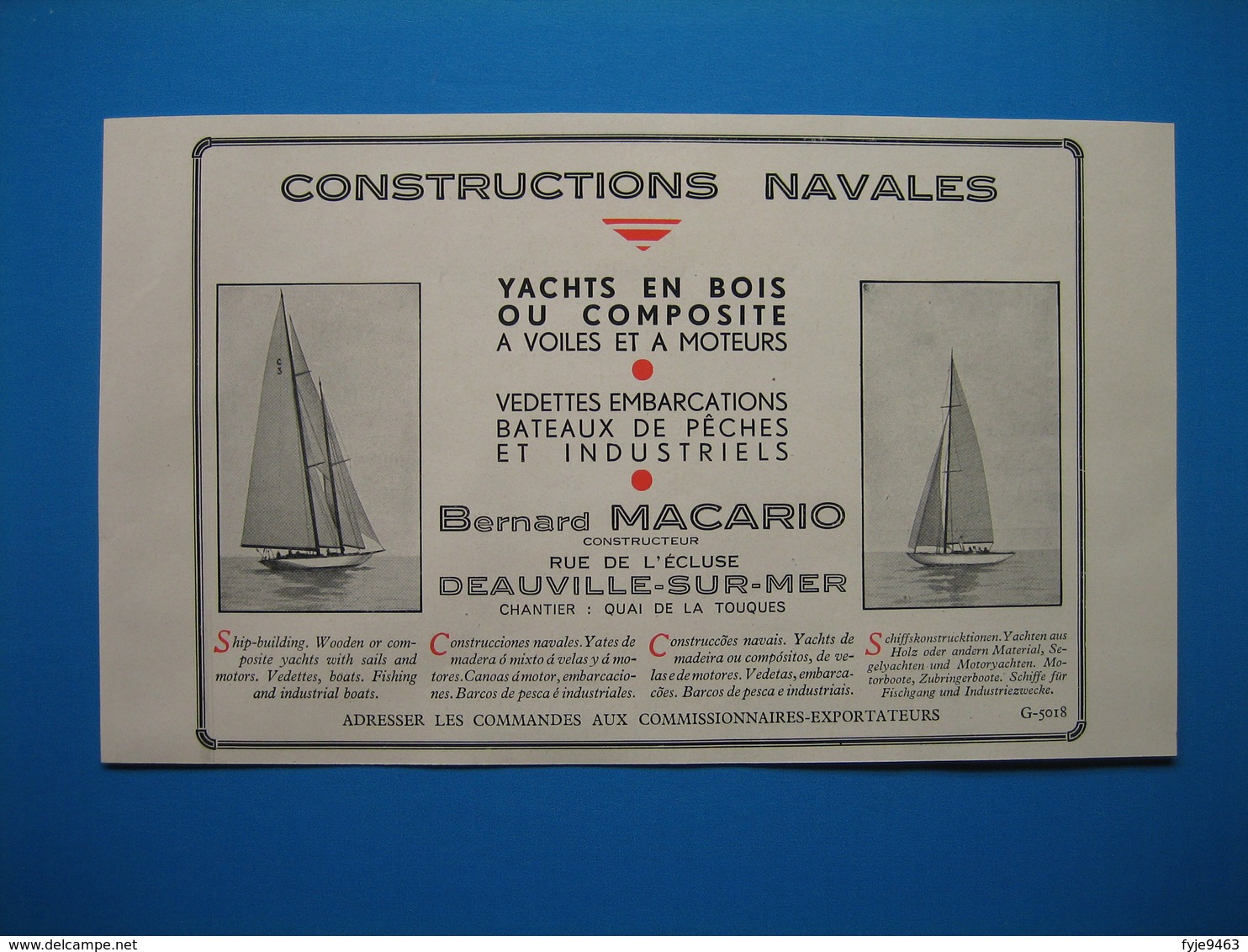 (1936) Constructions Navales BERNARD MACARIO - Rue De L'Écluse à Deauville-sur-Mer - Chantier : Quai De La Touques - Publicités