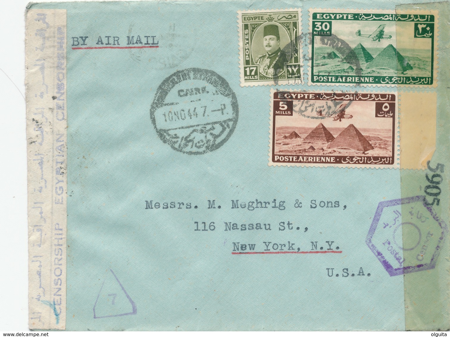 DDW 030 -- EGYPT WWII CENSORSHIP - Air Mail Cover Franked CAIRO 1944 To USA - Double Censored Egypt And USA - Lettres & Documents